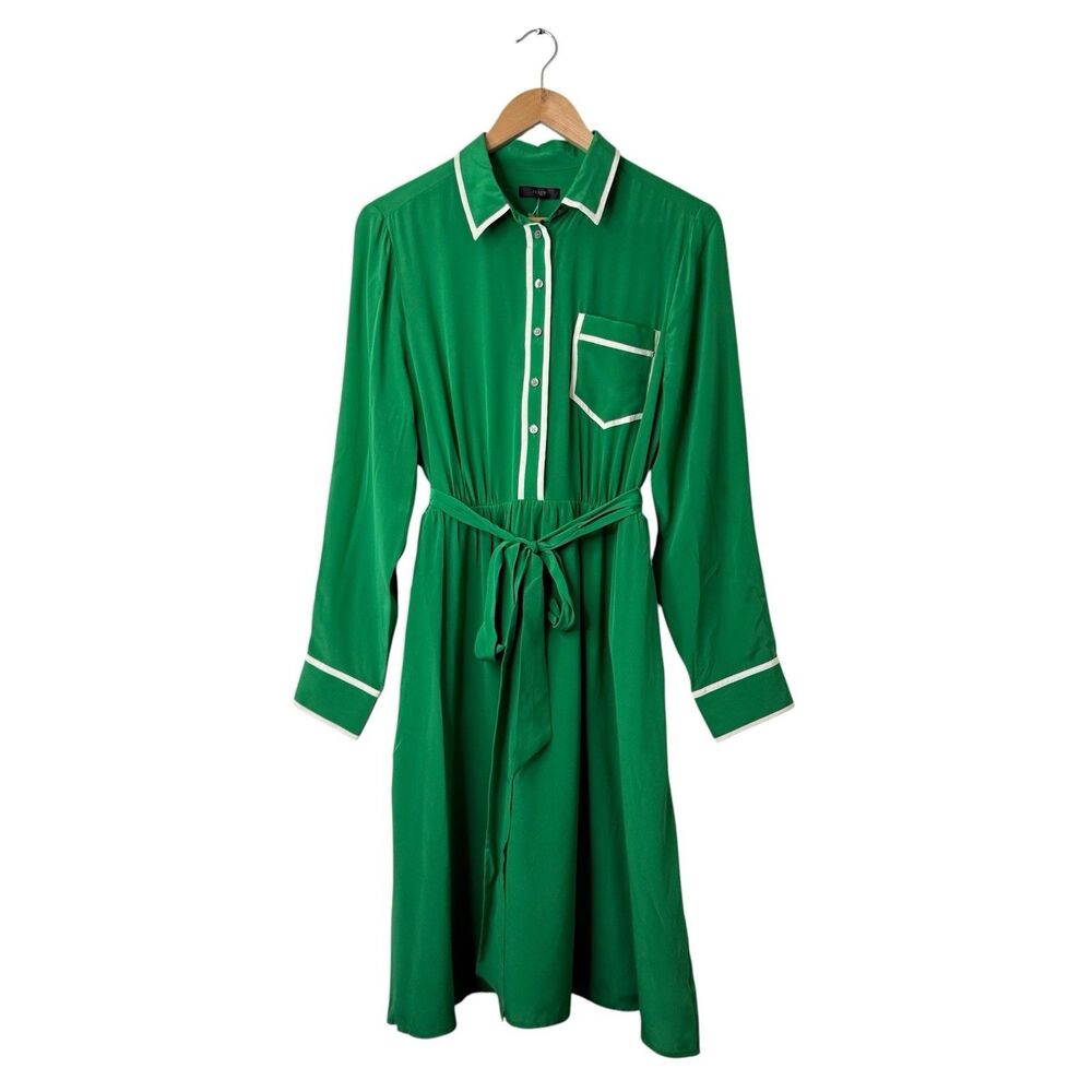 J Crew Kelly Green 100%Silk Button Front Shirt Dress 12 Belted A-Line Career NWT